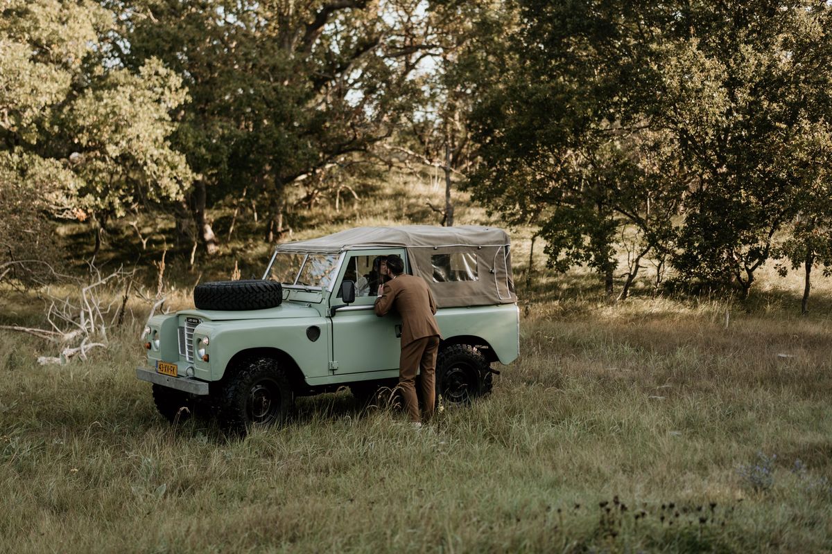 Pastelgroene Land Rover Series 88 in het veld